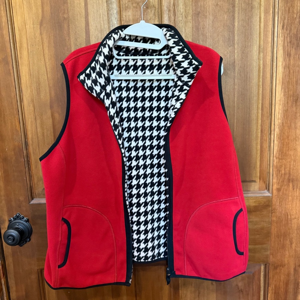 Kim Rogers Reversible Fleece Vest Womens XL Red Houndstooth Full Zip Sleeveless